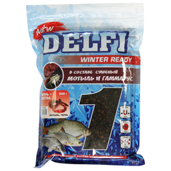 Прикормка зимняя увлажненная DELFI ICE Ready (окунь + плотва; мотыль + червь, черная, 500 г)