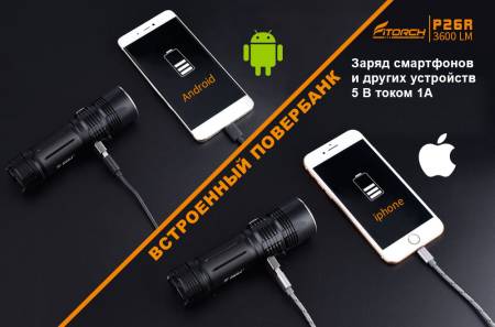 ФОНАРЬ ручной P26R "FiTorch" туристический (USB зарядка, Power Bank)