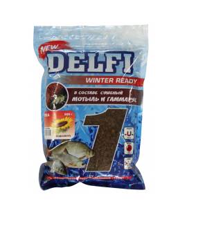 Прикормка зимняя увлажненная DELFI ICE Ready (карась; мотыль + червь, черная, 500 г)