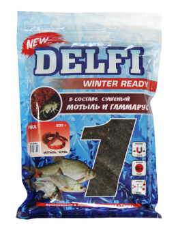 Прикормка зимняя увлажненная DELFI ICE Ready (река; мотыль + червь, черная, 500г)