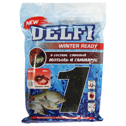 Прикормка зимняя увлажненная DELFI ICE Ready (карась; мотыль + червь, черная, 500 г)