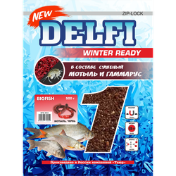 Прикормка зимняя увлажненная DELFI ICE Ready (большая рыба; мотыль + червь, черная, 500 г)