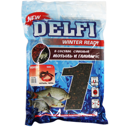 Прикормка зимняя увлажненная DELFI ICE Ready (большая рыба; мотыль + червь, черная, 500 г)