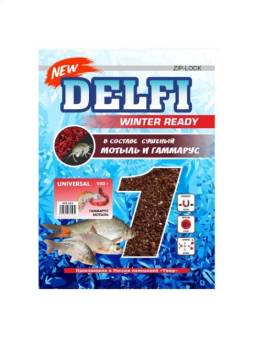 Прикормка зимняя увлажненная DELFI ICE Ready (универсал. гаммарус + мотыль, черная + БЛЕСТКИ, 500 г)