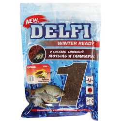 Прикормка зимняя увлажненная DELFI ICE Ready (карась; ваниль + подсолнух, коричневая, 500 г)